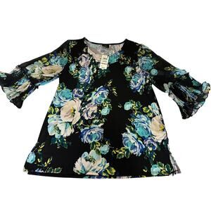 NWT New Women L JM Collection Floral Black 1/2 bell sleeve blouse tunic top